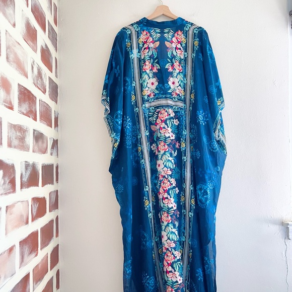 Johnny Was Annia Long Bohemian Blue Floral Print Kaftan Maxi Dress Size Medium - Picture 2 of 8